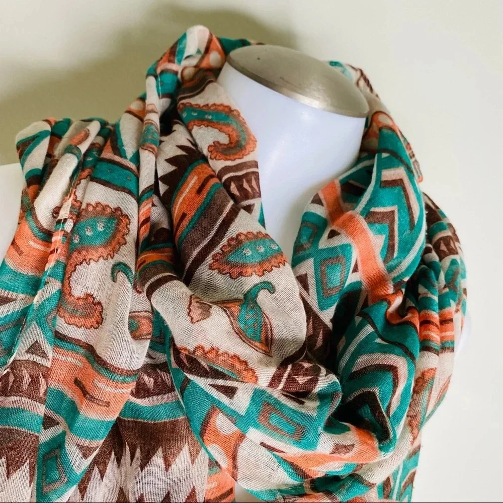 Tan Teal Lightweight Aztec Paisley Geometric Print Infinity Scarf